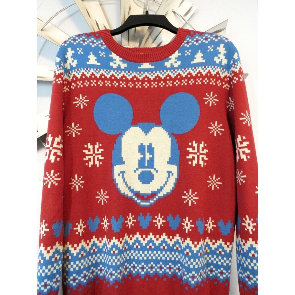 Disney Mickey Mouse Holiday Christmas Sweater Red Isle Knit Pattern Size Large - Picture 2 of 9